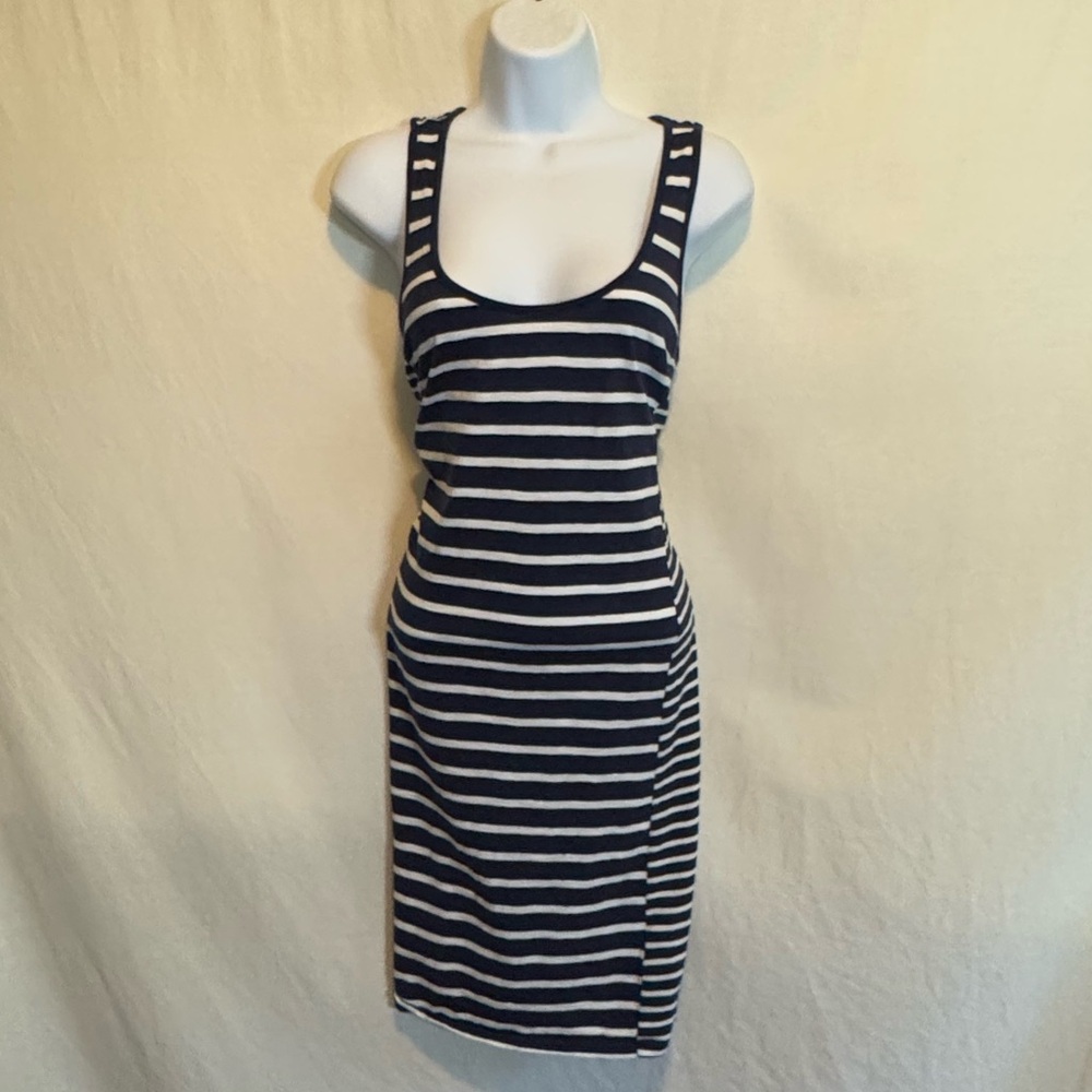 H-154 Boden Blue & White Stripe Sleeveless Summer MIDI Dress Size 6
